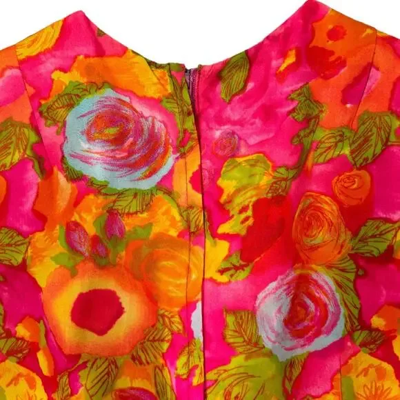 Vintage 60s Handmade Floral Sleeveless Dress 4 Small Hot Pink Ruffle Sheath - Picture 5 of 5